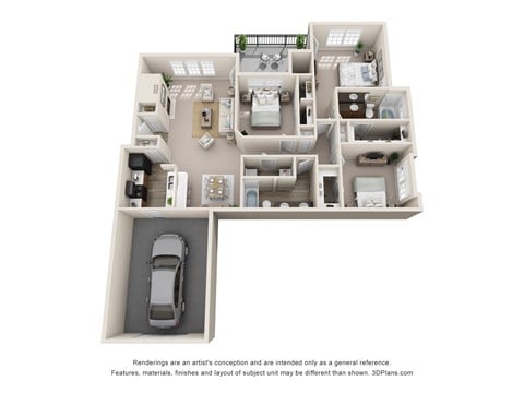 Floor plan for 3 beds, 2 baths, 1391 sqft